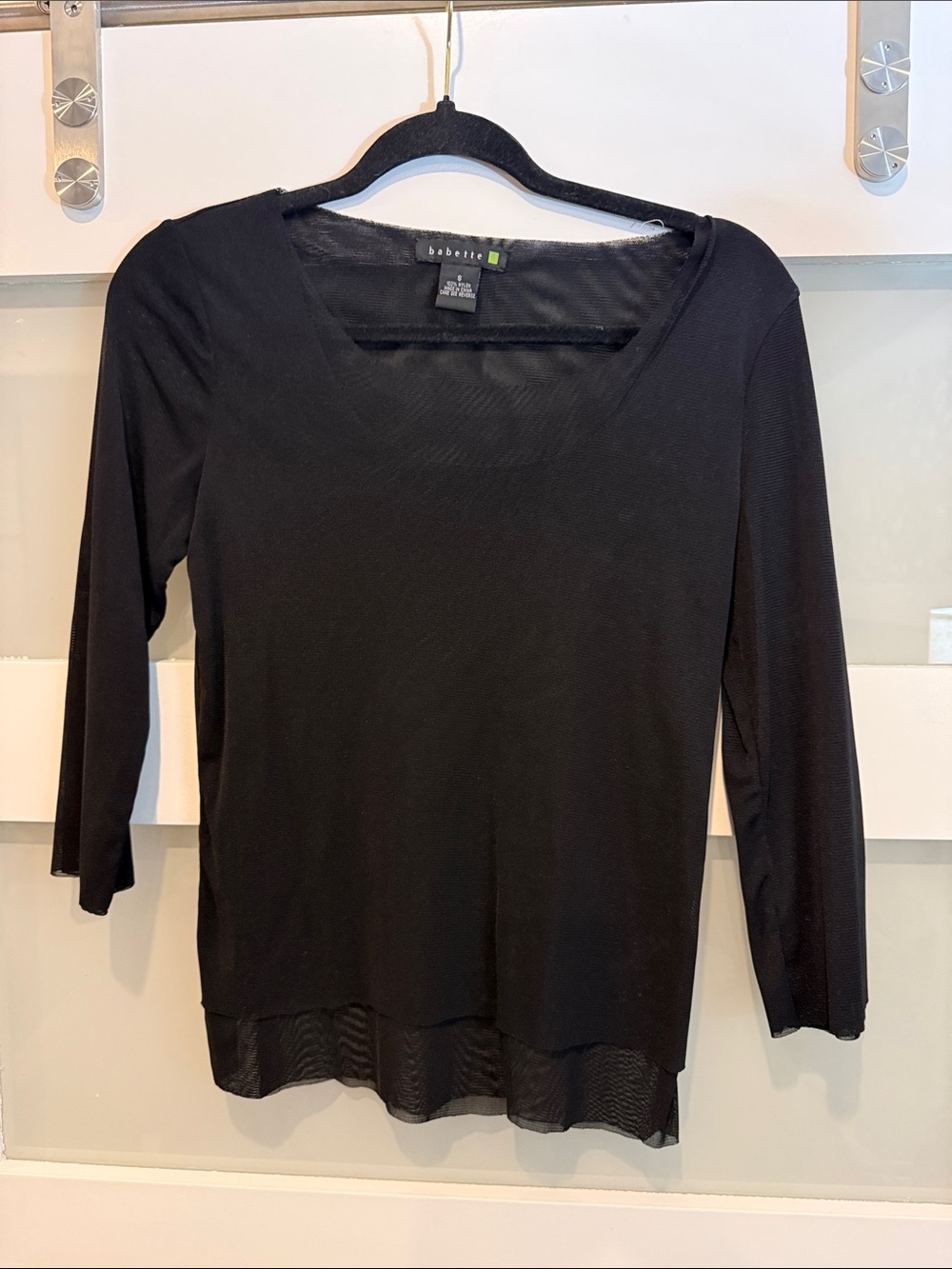 Babette Black Square-Neck Long Sleeve Tee with Mesh Hem